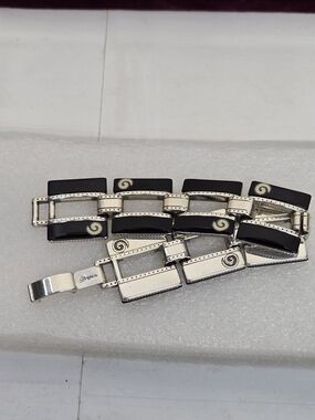 Brighton Silver and Black Link Bracelet with Enamel Swirl Accents